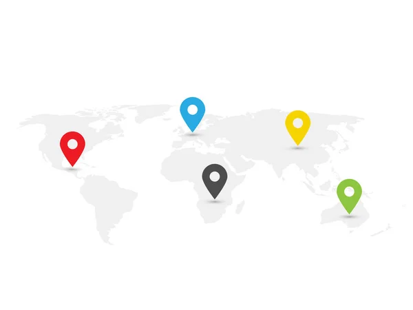 Mapa světa s navigační odkazy. Šedá mapa infografiku s kolíky v olympijských barvách. Vektorové ilustrace — Stockový vektor