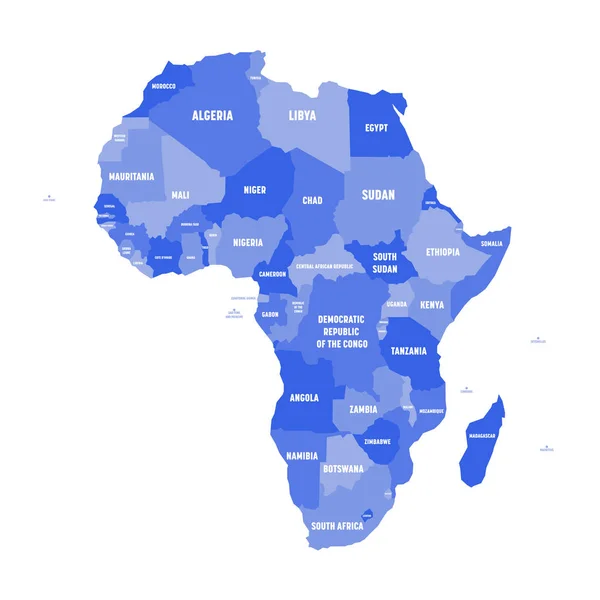 Mapa político de África en cuatro tonos de verde con etiquetas de nombre de país blanco sobre fondo blanco. Ilustración vectorial — Archivo Imágenes Vectoriales
