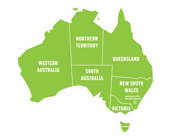 Förenklad karta över Australien uppdelad i stater och territorier. Grön platt karta med vita kanter och vita etiketter. Vektorillustration — Stock vektor