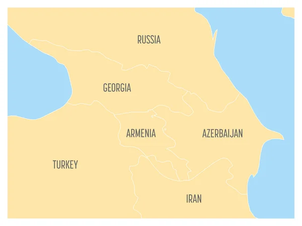 Mapa da região caucasiana com estados da Geórgia, Armênia, Azerbaijão, Rússia Turquia e Irã. Terra amarela e água azul. Ilustração vetorial — Vetor de Stock