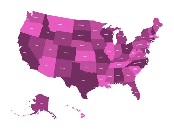 Amerikai Egyesült Államok térképe, az ibolya négy árnyalatában, fehér állami címkékkel. Egyszerű lapos vektor illusztráció elszigetelt fehér háttér — Stock Vector