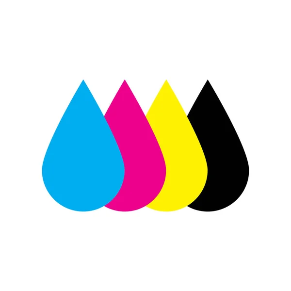 Gotas de tinta en colores CMYK: cian, magenta, amarillo, clave. Tema del elemento de diseño de impresión. Ilustración simple vector plano — Archivo Imágenes Vectoriales