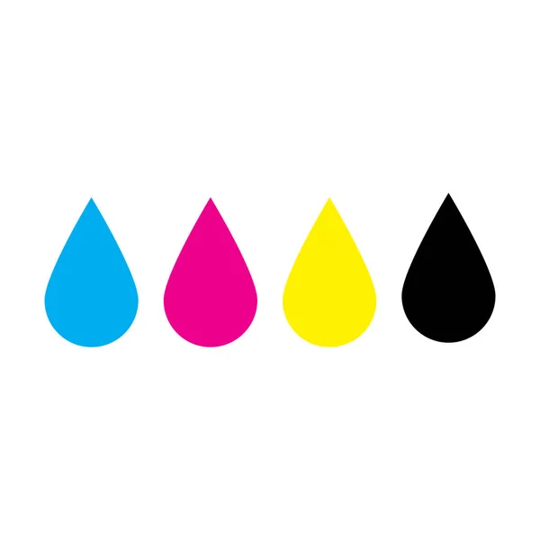 Gotas de tinta en colores CMYK: cian, magenta, amarillo, clave. Tema del elemento de diseño de impresión. Ilustración simple vector plano — Archivo Imágenes Vectoriales