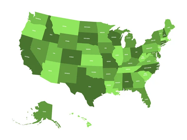 Mapa de Estados Unidos de América, Estados Unidos, en cuatro tonos de verde con etiquetas de estado blanco. Ilustración simple de vector plano aislado sobre fondo blanco — Vector de stock