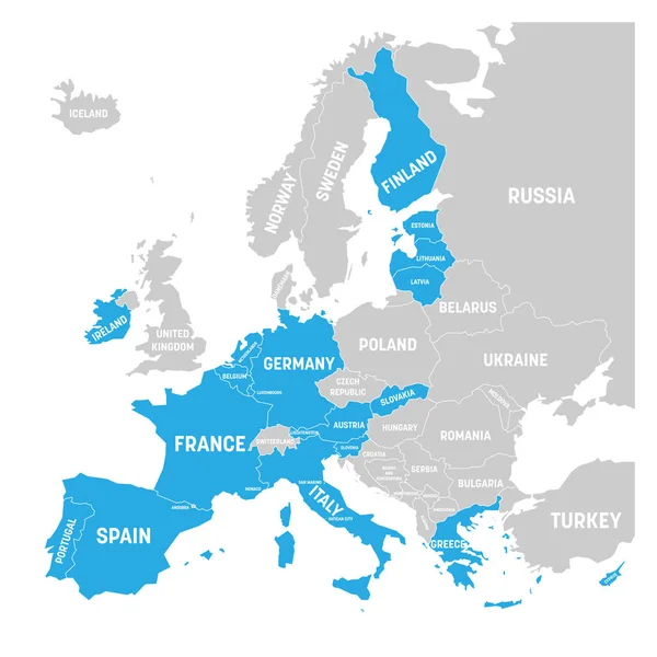 Mappa della zona euro. Stati che utilizzano la valuta euro. Mappa vettoriale grigia con i paesi membri evidenziati blu — Vettoriale Stock