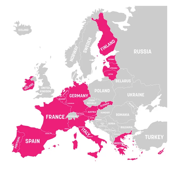 Carte de la zone euro. États utilisant la monnaie euro. Carte vectorielle grise avec pays membres en surbrillance rose — Image vectorielle