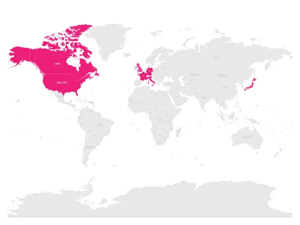 El Grupo de los Siete países, G7, destacó en el mapa mundial. Ilustración vectorial — Vector de stock
