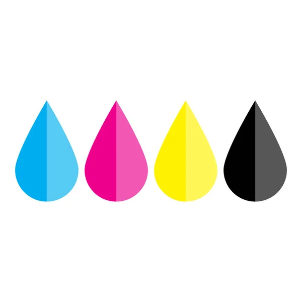 Gotas de tinta en colores CMYK: cian, magenta, amarillo, clave. Tema del elemento de diseño de impresión. Ilustración simple vector plano — Archivo Imágenes Vectoriales