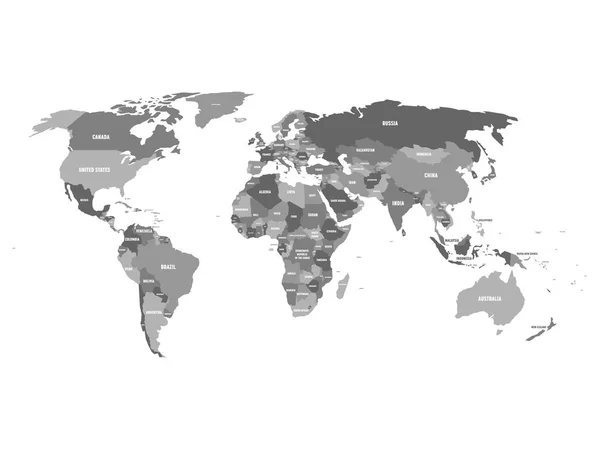 Mapa político del mundo en tonos de azul turquesa con etiquetas de nombre de país blanco. Aislado sobre fondo blanco. Ilustración vectorial — Vector de stock