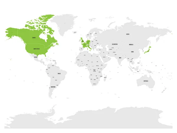 El Grupo de los Siete países, G7, destacó en el mapa mundial. Ilustración vectorial — Vector de stock