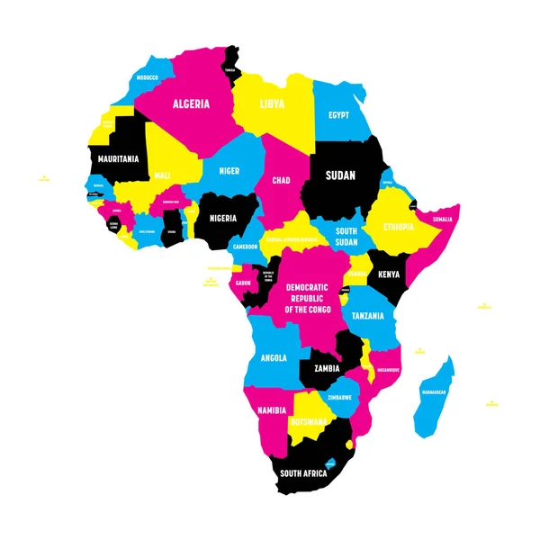 Mapa político del continente africano en colores CMYK con fronteras nacionales y etiquetas de nombres de país sobre fondo blanco. Ilustración vectorial — Vector de stock