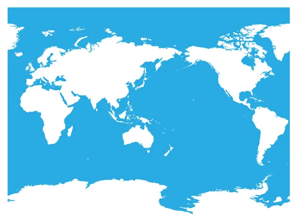 Mapa mundial centrado en Australia y el Océano Pacífico. Silueta blanca de alto detalle sobre fondo azul. Ilustración vectorial — Vector de stock