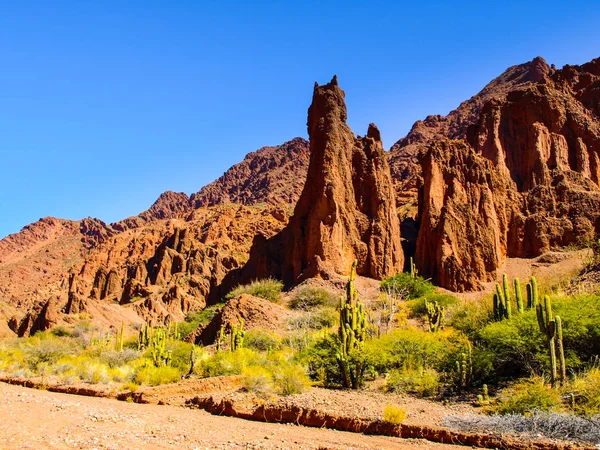 Forma fálica formações rochosas vermelhas em Valle de los Machos - Quebrada de Palmira perto de Tupiza, Andes bolivianos, América do Sul — Fotografia de Stock