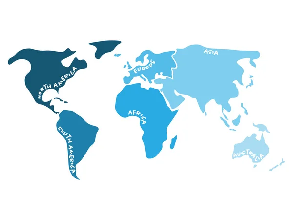 Vícebarevné světa mapa rozdělena na šest kontinentů v s - Severní Amerika, Jižní Amerika, Afrika, Evropa, Asie a Austrálie Oceánie. Zjednodušené silueta prázdný Vektorová mapa s popisky — Stockový vektor