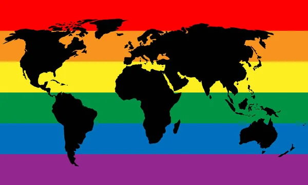 Svart världen karta siluett på hbt-regnbåge pride flaggan bakgrund. Lesbisk, gay, bisexuella och transpersoner eleganta design element. Enkla platta vektorillustration — Stock vektor