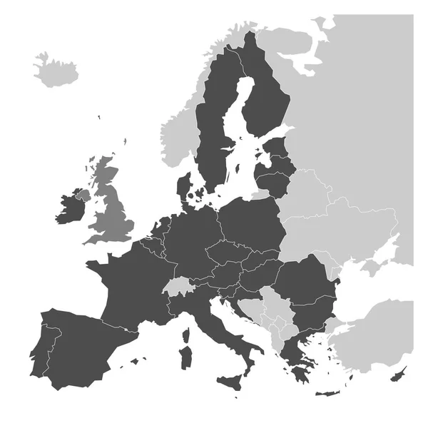 Kaart van Europa met donkergrijze EU-lidstaten en Verenigd Koninkrijk in verschillende kleuren. Vector illustratie. Vereenvoudigde kaart van de Europese Unie — Stockvector
