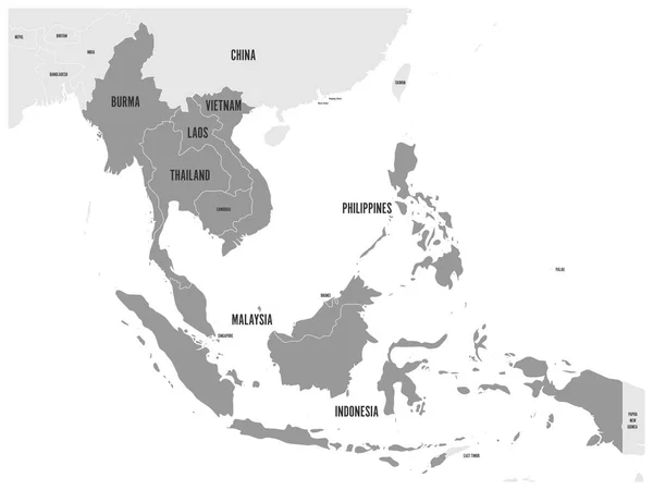 Asean economic community, aec, map. graue Karte mit dunkelgrau hervorgehobenen Mitgliedsländern, Südostasien. Vektorillustration — Stockvektor