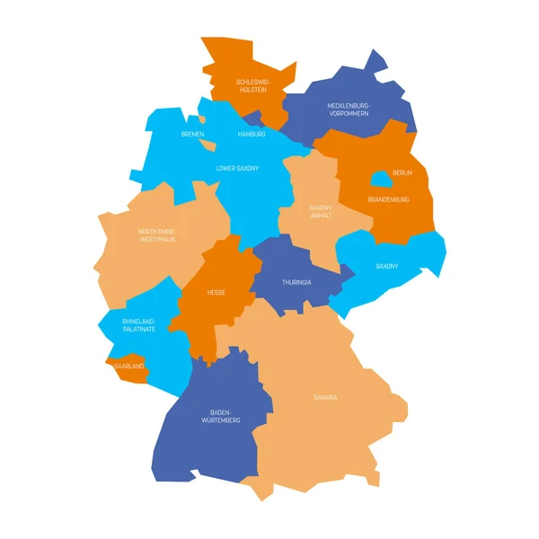 O mapa da Alemanha desenvolveu-se a 13 estados federais e 3 cidades-estados - Berlim, Bremen e Hamburgo, Europa. Mapa vetorial plano simples em quatro cores com etiquetas brancas — Vetor de Stock