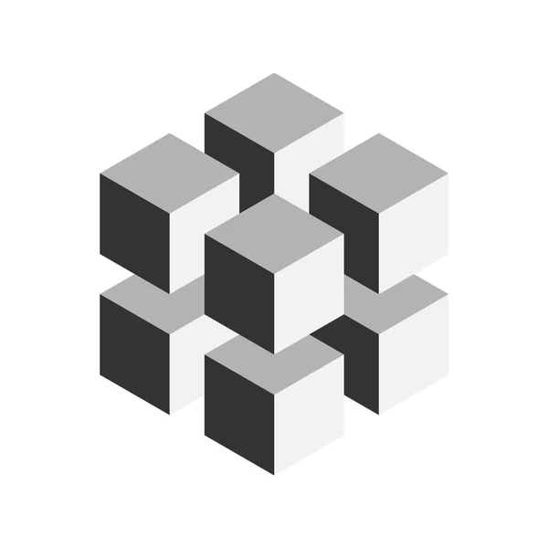 Cubo geométrico gris de 8 cubos isométricos más pequeños. Elemento de diseño abstracto. Concepto de ciencia o construcción. Objeto vector 3D — Archivo Imágenes Vectoriales