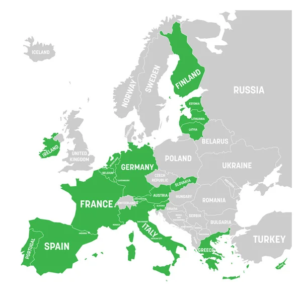 Mappa della zona euro. Stati che utilizzano la valuta euro. Mappa vettoriale grigia con paesi membri verdi evidenziati — Vettoriale Stock