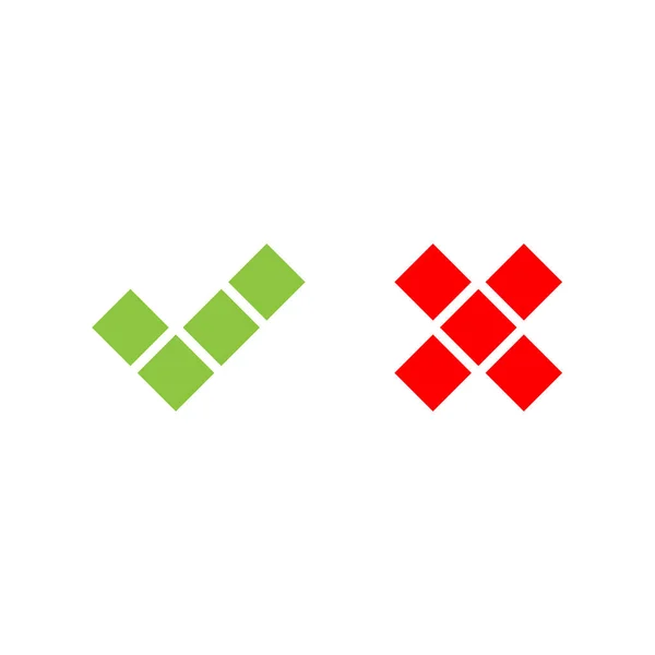 사각형의 표시 아이콘을 확인하 십시오. 녹색 진드기와 붉은 십자가. 흰색 배경에 분리 된 플랫 벡터 일러스트 — 스톡 벡터