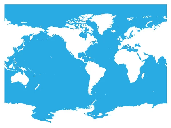 Mapa mundial centrado en Australia y el Océano Pacífico. Silueta blanca de alto detalle sobre fondo azul. Ilustración vectorial — Vector de stock