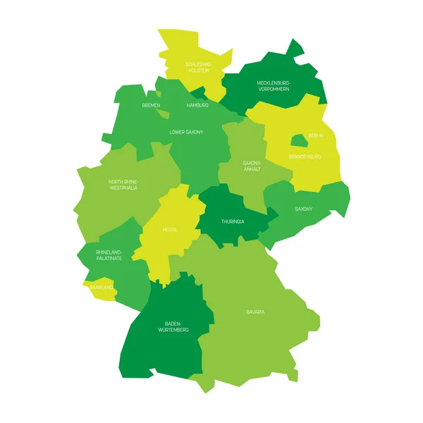 Mapa Niemiec przeniosła się do 13 krajów związkowych i 3 krajów związkowych - Berlina, Bremy i Hamburga, Europy. Prosta płaska mapa wektora w odcieniach zieleni — Wektor stockowy