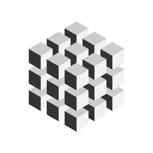 Cubo geométrico gris de 27 cubos isométricos más pequeños. Elemento de diseño abstracto. Concepto de ciencia o construcción. Objeto vector 3D — Archivo Imágenes Vectoriales