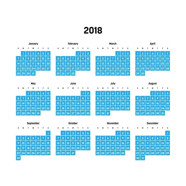 Calendario vettoriale - Anno 2018. La settimana inizia da domenica. Semplice illustrazione vettoriale piatta con numeri bianchi e lettere su sfondo bianco blu — Vettoriale Stock