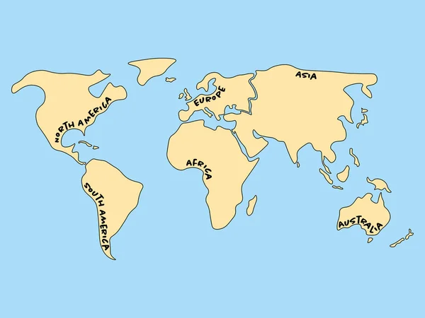 Mapa do mundo simplificado dividido em seis continentes. Terras amarelas e água azul . — Vetor de Stock