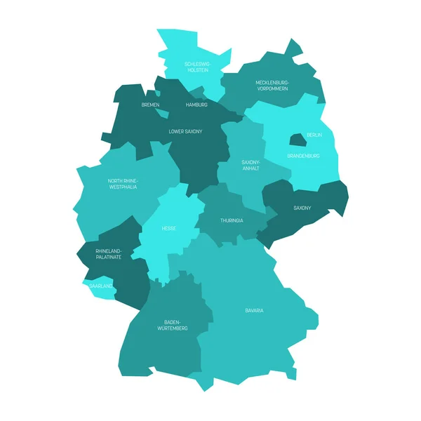 Almanya haritası 13 federal eyalet ve 3 şehir devleti Berlin, Bremen ve Hamburg 'a saptı. Turkuaz mavisinin tonlarında basit düz vektör haritası — Stok Vektör