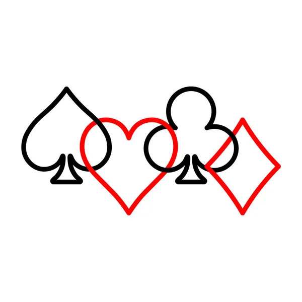 Poker card suits - hearts, clubs, spades and diamonds - on white background. Casino gambling theme vector illustration. Black and red outline shapes partly overlapping — Stock Vector