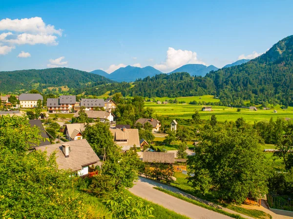 緑の草原、森林、青い空、白い雲、夏の丘陵風景 — ストック写真