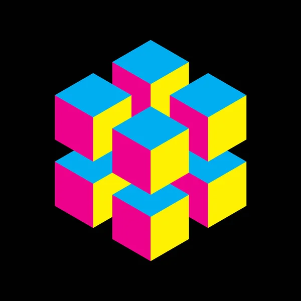 Геометрический куб из 8 меньших изометрических кубов в цветах CMYK. Абстрактный элемент дизайна. Наука или концепция строительства. 3D-векторный объект — стоковый вектор