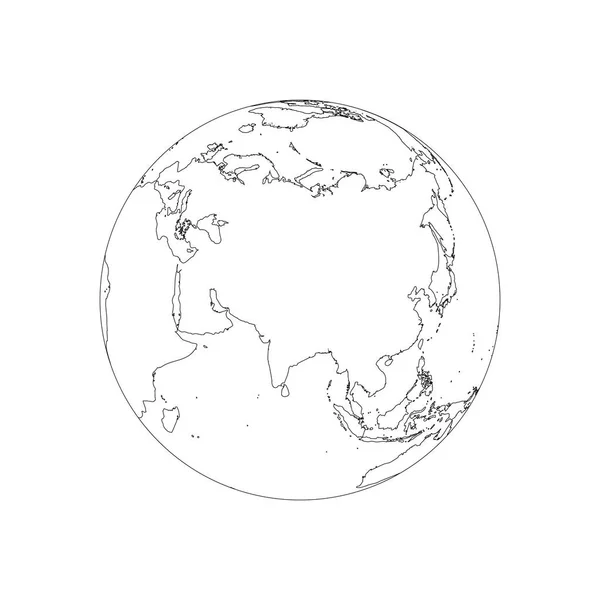 地球上のワイヤーフレーム。アジアを中心に活動。白地に黒いストロークのベクトル図 — ストックベクタ