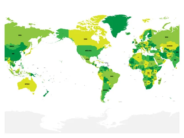 Mapa del mundo en cuatro tonos de verde sobre fondo blanco. Alto detalle América centró mapa político. Ilustración vectorial con trayectoria compuesta etiquetada de cada país — Vector de stock