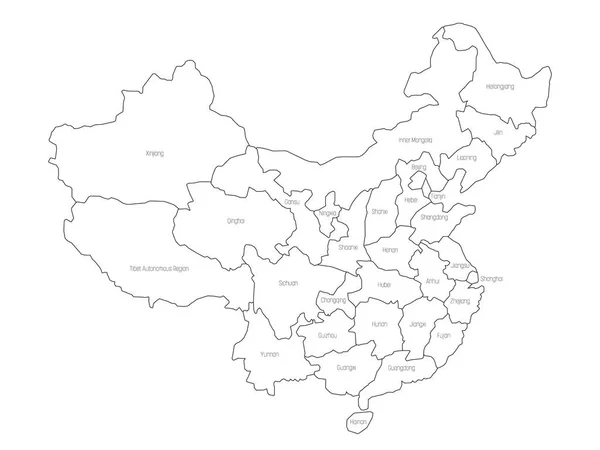 Kína közigazgatási tartományainak regionális térképe. Vékony fekete vázlat fehér háttér. Vektorillusztráció — Stock Vector