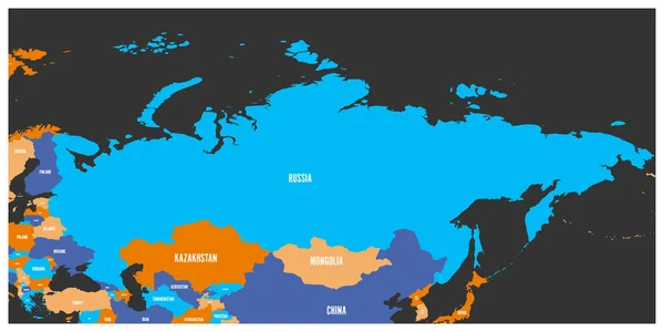 Mapa político de Rusia y los países europeos y asiáticos circundantes. Mapa de cuatro colores con etiquetas blancas sobre fondo gris oscuro. Ilustración vectorial . — Archivo Imágenes Vectoriales