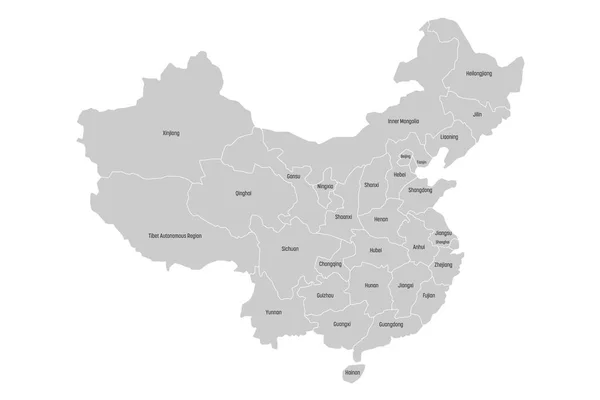 Carte régionale des provinces administratives de Chine. Carte grise avec des étiquettes noires sur fond blanc. Illustration vectorielle — Image vectorielle