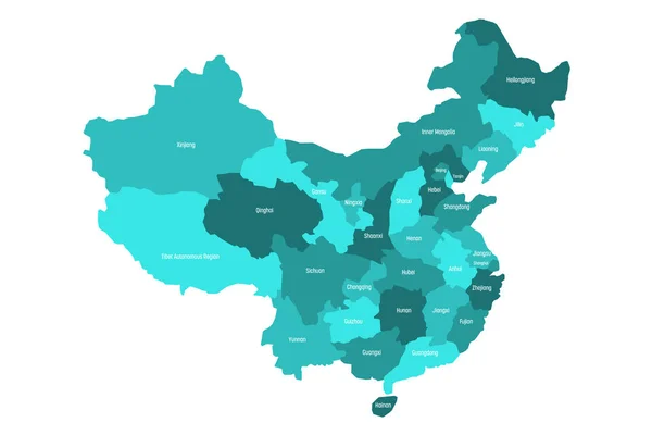 Regional karta över administrativa provinser i Kina. Fyra nyanser av turkos blå med vita etiketter på vit bakgrund. Vektorillustration — Stock vektor