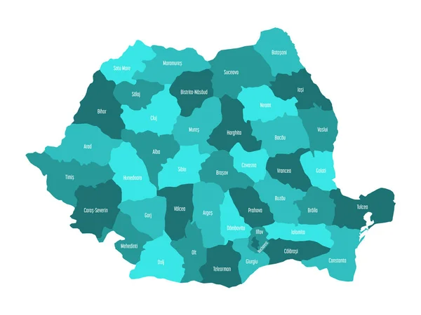 Romanya 'nın idari bölgeleri. Turkuaz mavisinin dört tonlu vektör haritası — Stok Vektör