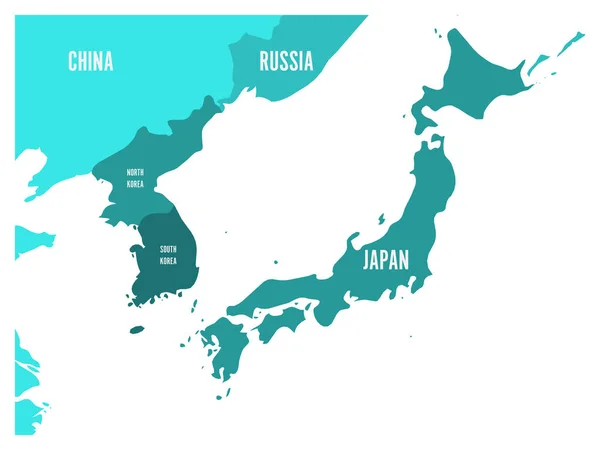 Politisk karta över koreanska och japanska regionen, Sydkorea, Nordkorea och Japan. Turkos blå karta med vit märkning på vit bakgrund. Vektorillustration — Stock vektor