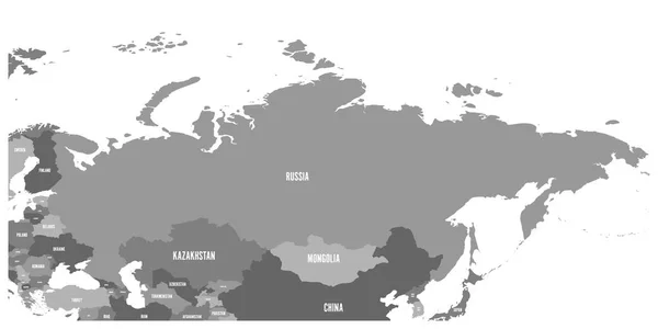 Mapa político de Rusia y los países europeos y asiáticos circundantes. Cuatro tonos de mapa gris con etiquetas blancas sobre fondo blanco. Ilustración vectorial — Vector de stock