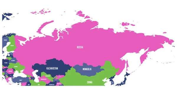 Mapa político de Rusia y los países europeos y asiáticos circundantes. Cuatro tonos de mapa verde con etiquetas blancas sobre fondo blanco. Ilustración vectorial — Vector de stock