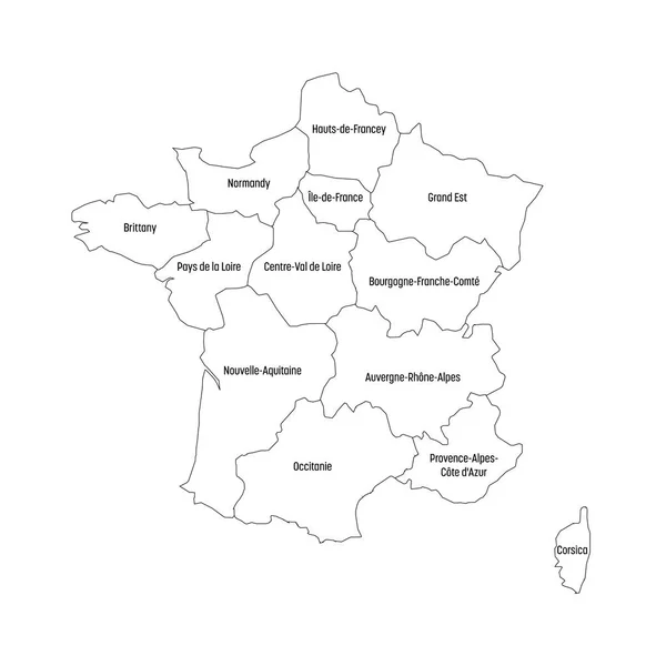 Mappa generale della Francia divisa in 13 regioni metropolitane amministrative, dal 2016. Quattro sfumature di verde. Illustrazione vettoriale — Vettoriale Stock