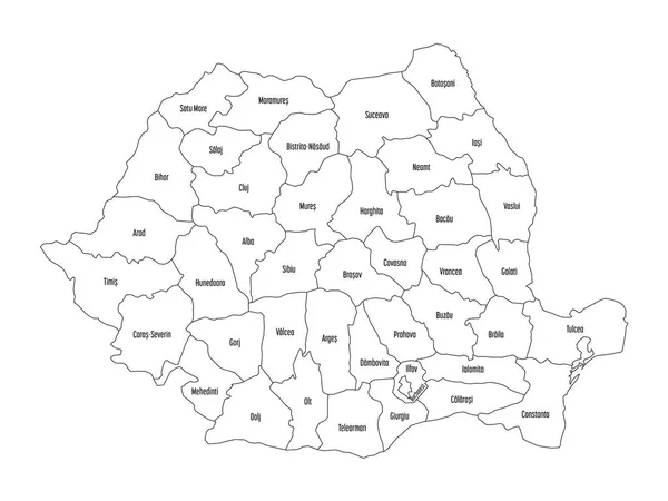 Condados administrativos da Roménia. Mapa vetorial de contorno preto fino sobre fundo branco — Vetor de Stock