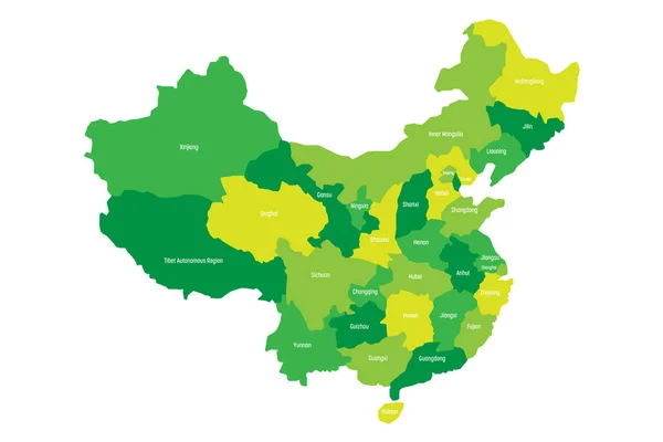 Regional karta över administrativa provinser i Kina. Fyra nyanser av grönt med vita etiketter på vit bakgrund. Vektorillustration — Stock vektor