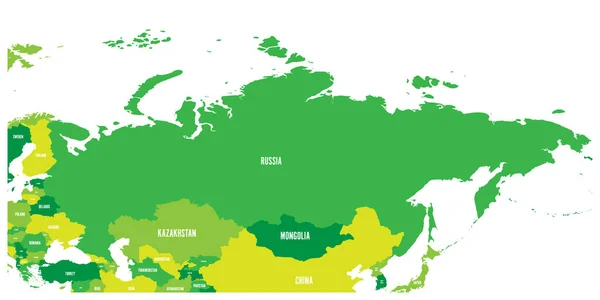 Mapa político de Rusia y los países europeos y asiáticos circundantes. Cuatro tonos de mapa verde con etiquetas blancas sobre fondo blanco. Ilustración vectorial — Vector de stock