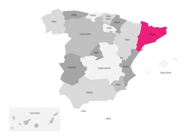 Mapa de España delimitado a 17 comunidades autónomas administrativas con color rosa destacó Cataluña. Simple mapa vectorial plano en tonos de gris — Vector de stock