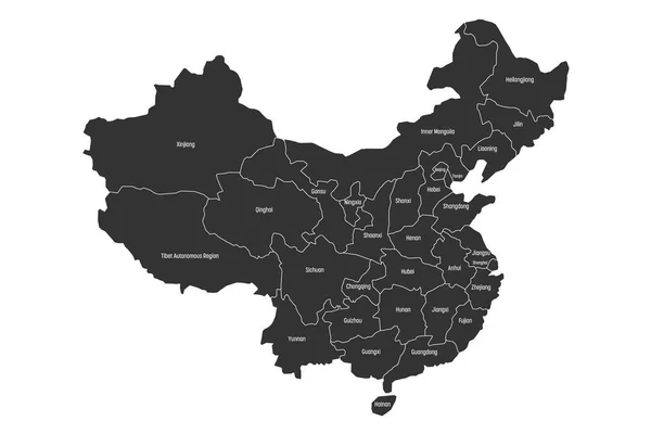 Regionale Karte der administrativen Provinzen Chinas. graue Landkarte mit weißen Etiketten auf weißem Hintergrund. Vektorillustration — Stockvektor